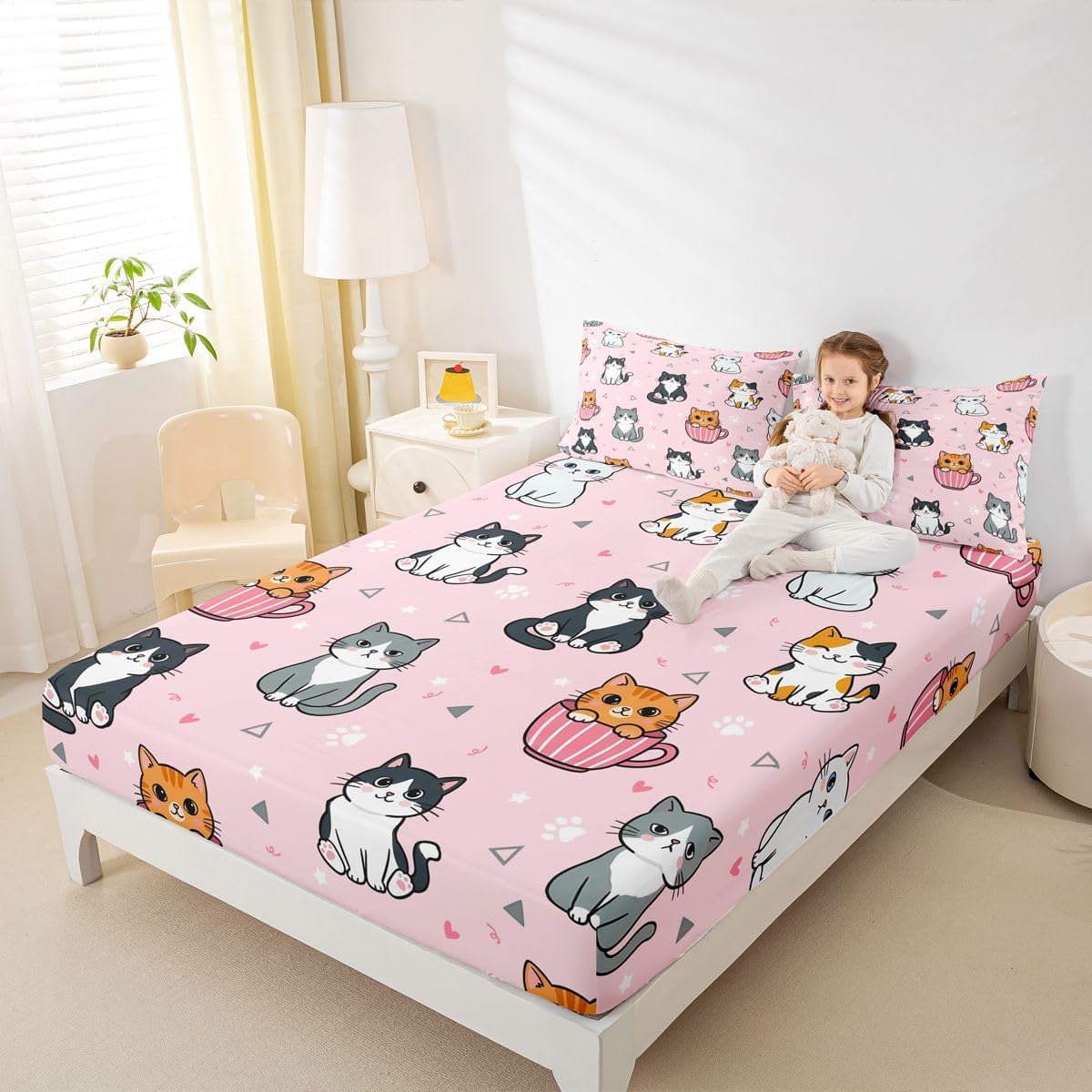 Manfei Cartoon Cute Cat Bed Sheet Mug Kitten Paw Print Bedding Sets (1 Fitted,1 Flat,2 Pillowcases) Heart Sweet Kawaii Luxury Deep Pocket Bed Sheets Kids Boys Girls Queen Peach Pink