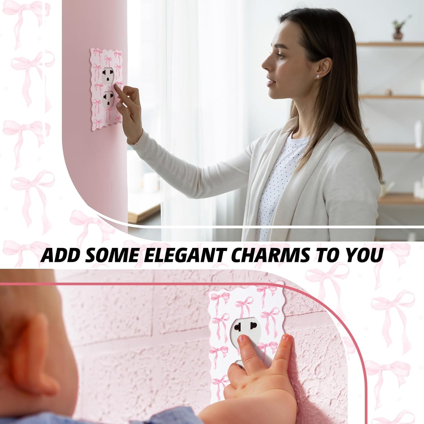 Relaxweex 4 Pcs Pink Bow Light Switch Cute Cover Outlet Covers Pink and White Switch Wall Plate Metal Toggle Electric Outlet Cover for Room Bedroom Home Decor (Round Hole)