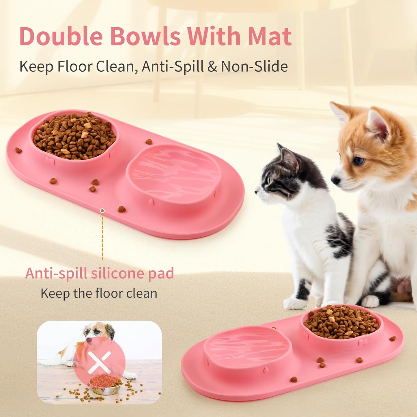 Small Size Puppy Dog Bowls: Food and Water Bowls Set for Small Dogs, No-Spill Non-Skid Dog Dish, Pink