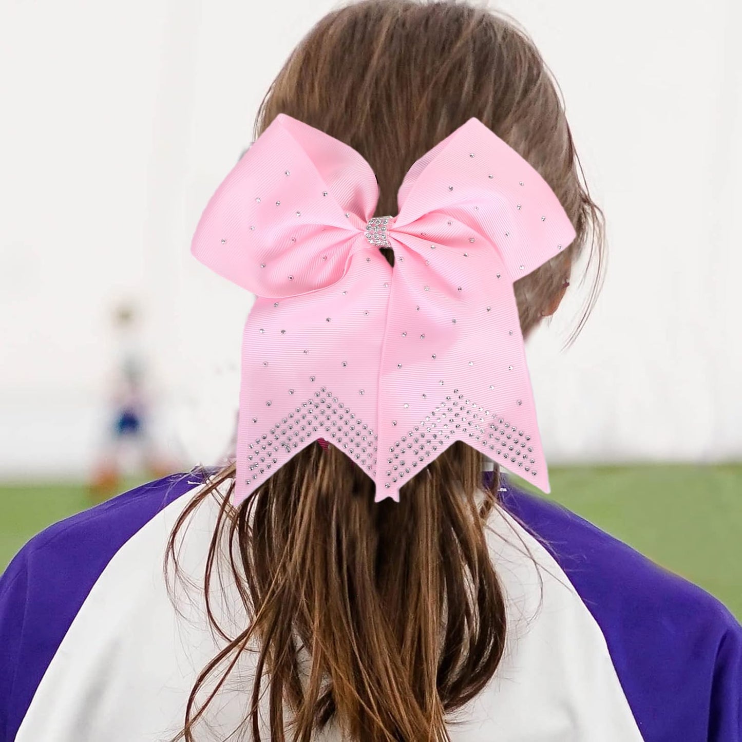 12PCS 8" Rhinestones Large Cheer Hair Bows for Girls, Hand-made Grosgrain Ribbon Hair Accessories for Teen Girls Softball Cheerleader Sport (Light Pink)