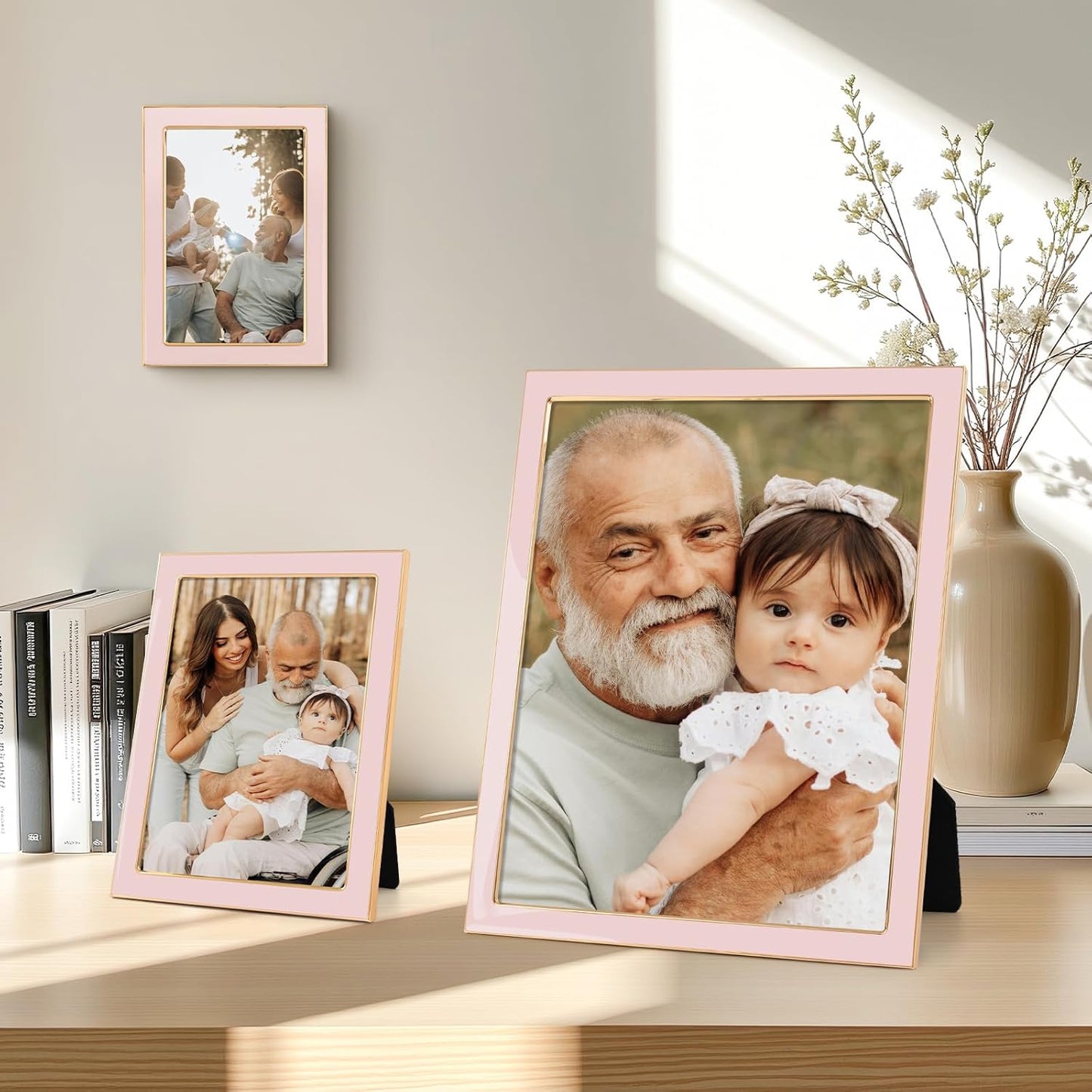 4x6 Pink Enamel Picture Frames - Metal Gold Edge - Cute Frame for 4 x 6 Inch Photos Pictures Artwork - Real Glass - With Tabletop Easel Stand - Hanger for Wall Mount Display (2 Pack)