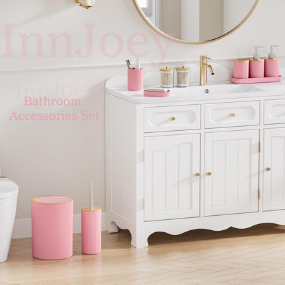 10PC Bathroom Accessories Set - Pink and Wooden Bathroom Sets, Bathroom Accessory Set with Pop Up Trash Can, Toilet Brush, Trash Can, Qtip Holder & Soap Dispenser