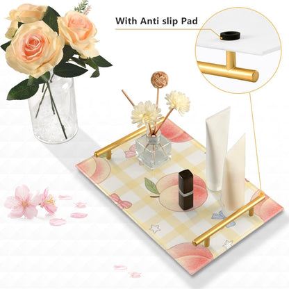 Cute Pink Peaches Decorative Service Tray with Handles Drink Serving Tray for Jewelry Perfume for Living Room Entryway Bedroom