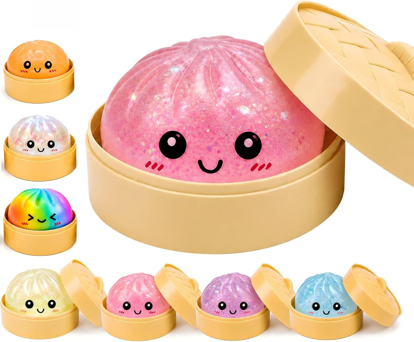 Mystery Sparkly Pink Dumpling Squishies with Steamer Box, Soft Stretchy Bao Bun Stress Relief Balls, Sensory Fidget Squeeze Toys for Anxiety Relief, Decompression Desk Toys