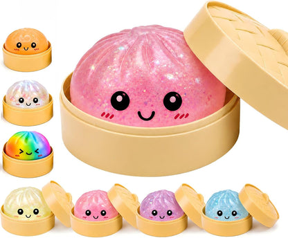 Mystery Sparkly Pink Dumpling Squishies with Steamer Box, Soft Stretchy Bao Bun Stress Relief Balls, Sensory Fidget Squeeze Toys for Anxiety Relief, Decompression Desk Toys