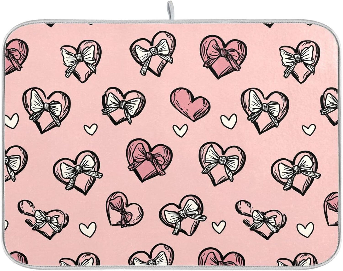Dish Drying Mat for Kitchen Counter Light Pink Heart Bows Valentine Day Absorbent Drying Dish Mat 16×18 inch Dish Rack Pad Coffee Mat for Sink Dishes Under Rack