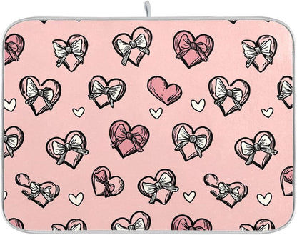 Dish Drying Mat for Kitchen Counter Light Pink Heart Bows Valentine Day Absorbent Drying Dish Mat 16×18 inch Dish Rack Pad Coffee Mat for Sink Dishes Under Rack