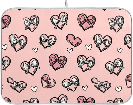 Dish Drying Mat for Kitchen Counter Light Pink Heart Bows Valentine Day Absorbent Drying Dish Mat 16×18 inch Dish Rack Pad Coffee Mat for Sink Dishes Under Rack