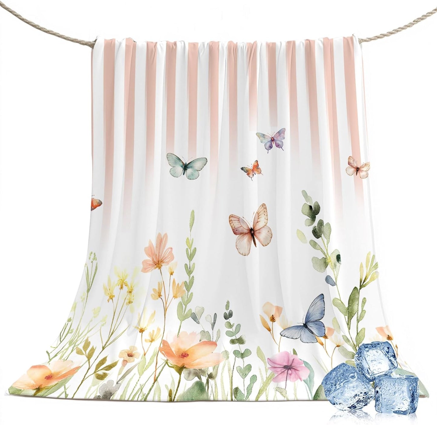 Cooling Blanket for Hot Sleepers Watercolor Butterfly Lightweight Breathable Double Sided Summer Blanket Floral Leaves Pink Strips Cooling Throw Blanket for Couch Bed Night Sweats 30"x40"