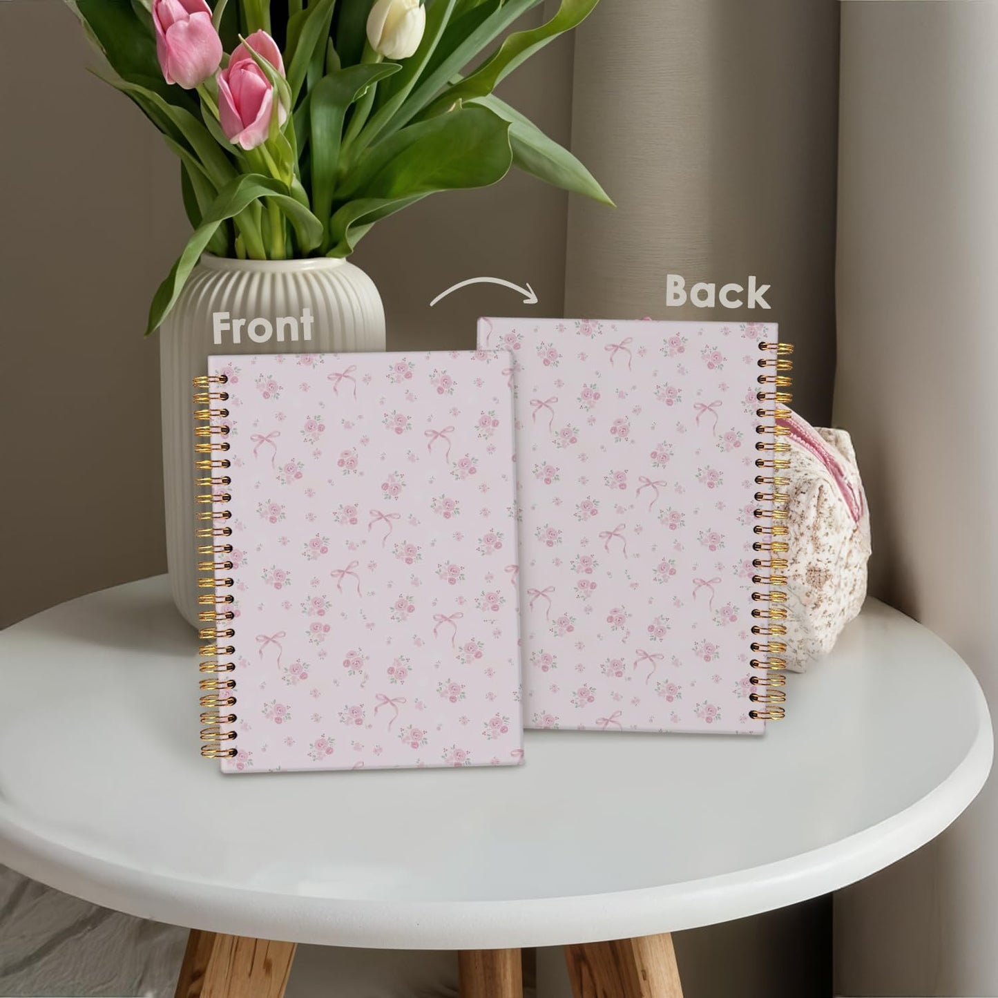 Wheatwin Pink Coquette Cute Notebook Journal for Women, Aesthetic Notebook for Teen Girls, Floral Pink Bow Spiral Notebook Journals for Women Work 5.5x8.3