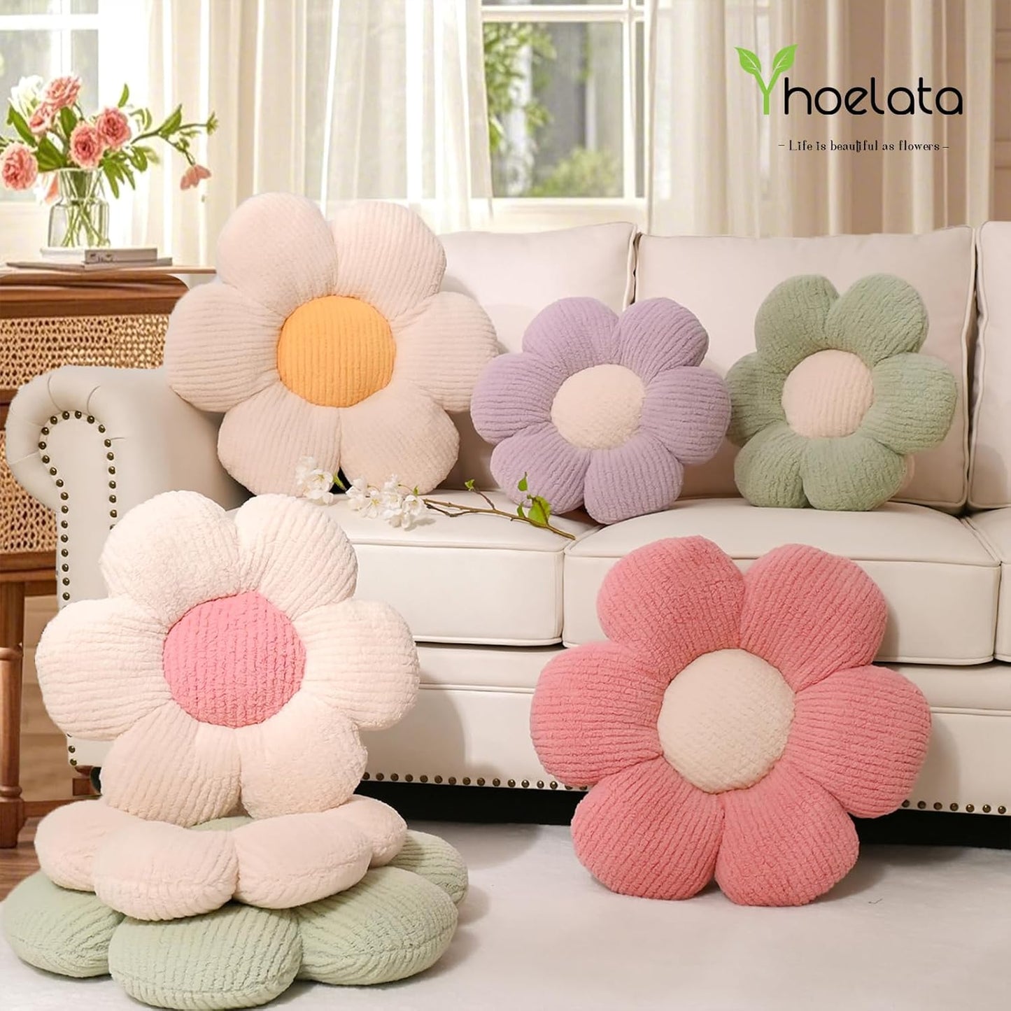 Flower Pillows, Cute Daisy Shaped Throw Pillow, Small Cream Pink Floor Cushions for Gifts, Kids Decorative Pillows for Living Room Sofa Bedroom Bed, 15.7x15.7 Inch