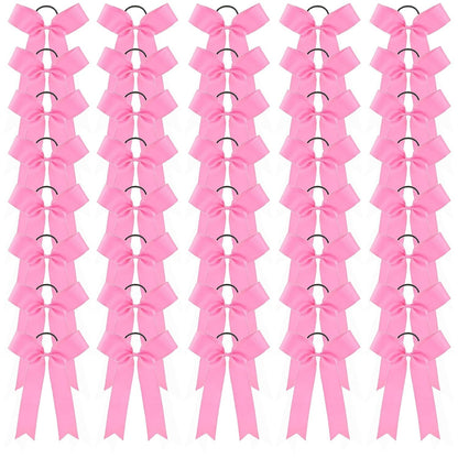 40 Pcs Valentines Long Tail Skinny Cheer Bows Elastic Bands Handmade Grosgrain Ribbon Bows Collegiate Ponytail Holder For Girls Cheerleaders College Sports (Pink)