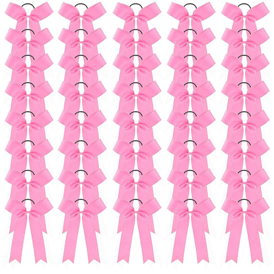 40 Pcs Valentines Long Tail Skinny Cheer Bows Elastic Bands Handmade Grosgrain Ribbon Bows Collegiate Ponytail Holder For Girls Cheerleaders College Sports (Pink)