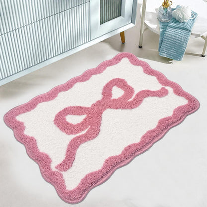 Scalloped Bath Mat Pink Bow Bathroom Rugs Extra Soft Cute Preppy Aesthetic Decor Bath Rug Water Absorbent Quick Dry Non Slip Bath Mats for Bathroom Tub Sink Shower Floor Carpet, 20" x 32"