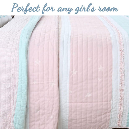 Cozy Line Home Fashions Light Pink Blue Ruffles Girl 100% Cotton Reversible Quilt Bedding Set, Coverlet, Bedspread (Candy, Twin - 2 Piece: 1 Quilt + 1 Sham)