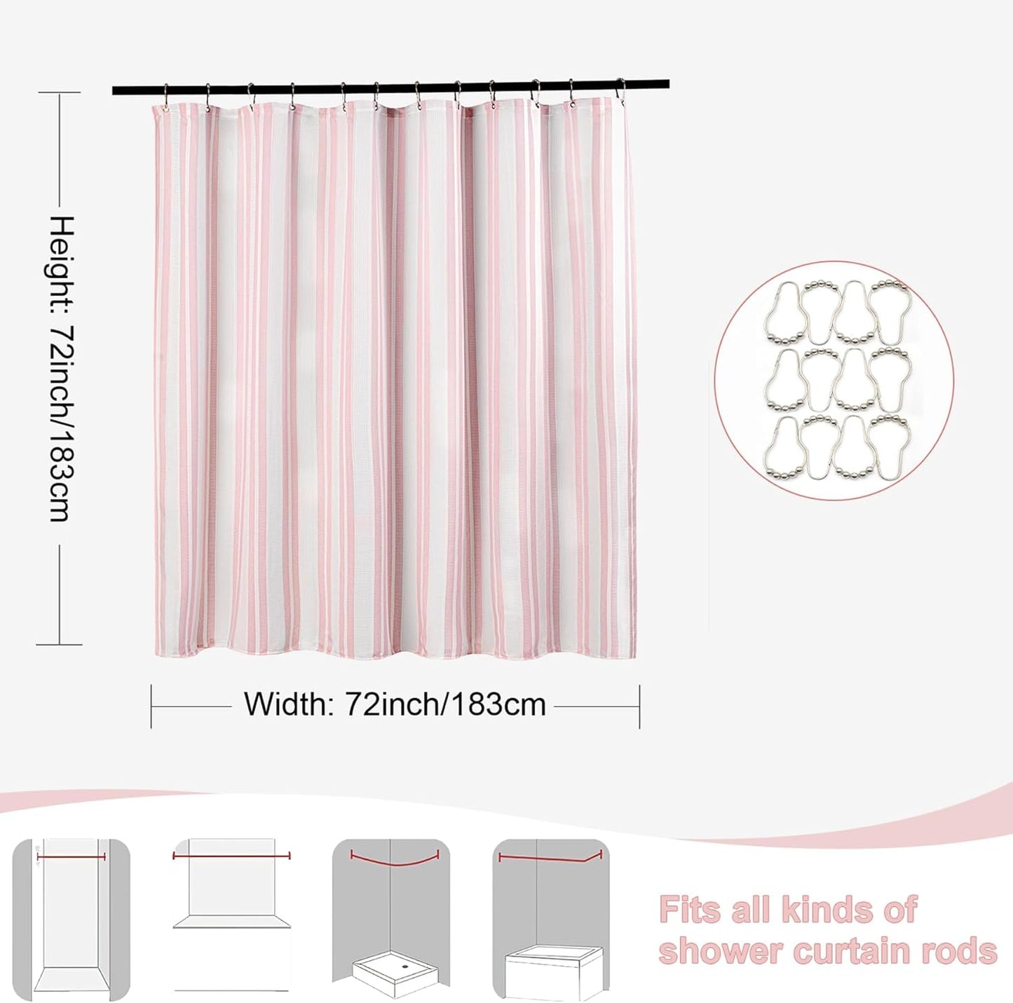 ORTIGIA Pink Striped Shower Curtain 72x72 Inch, Waffle Textured Heavy Duty Thick Cloth Fabric Shower Curtains with 12 Metal Hooks,Pink and White Bath Bathroom Shower Curtain
