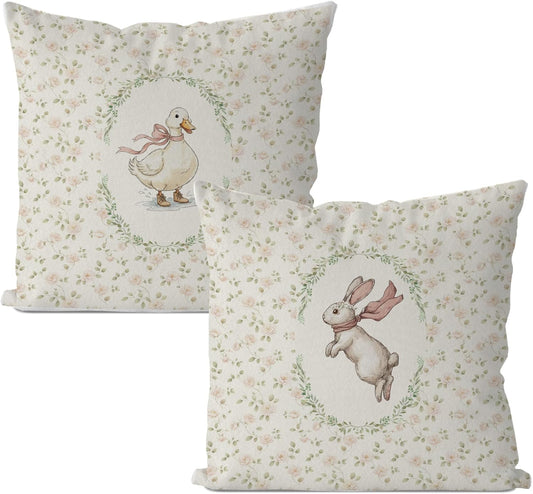 IWXYI Pink Bow Duck Bunny Floral Pillow Covers 18x18, Cottagecore Rose Flower Cute Duck Rabbit Decorative Throw Pillow Covers for Girls Room Nursery Bedroom Living Room Home, Set of 2