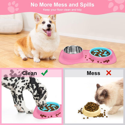 Anipaw Slow Feeder Dog Bowls 3 in 1 Stainless Steel Dog Food and Water Bowls with Non-Spill Non-Skid Silicone Mat to Slow Down Eating for Large Medium Small Breed Size Dogs and Cats
