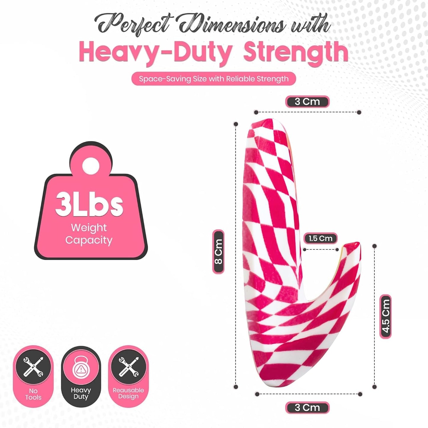 Adhesive Wall Hanging Hooks | Pack of 3 Cute Print Wall Hooks with Heavy Duty Stick-On Strips that Hold Up to 3lbs, Easy to Install Hanging Hook for Walls