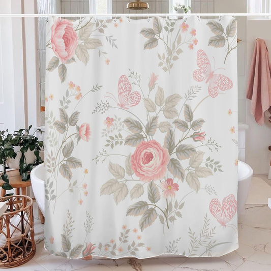 Renaiss Rose Floral Shower Curtain Vintage Pink Rose Flower with Branches and Butterfly Waterproof Fabric Shower Curtain for Bathroom Decor 72x72 inches