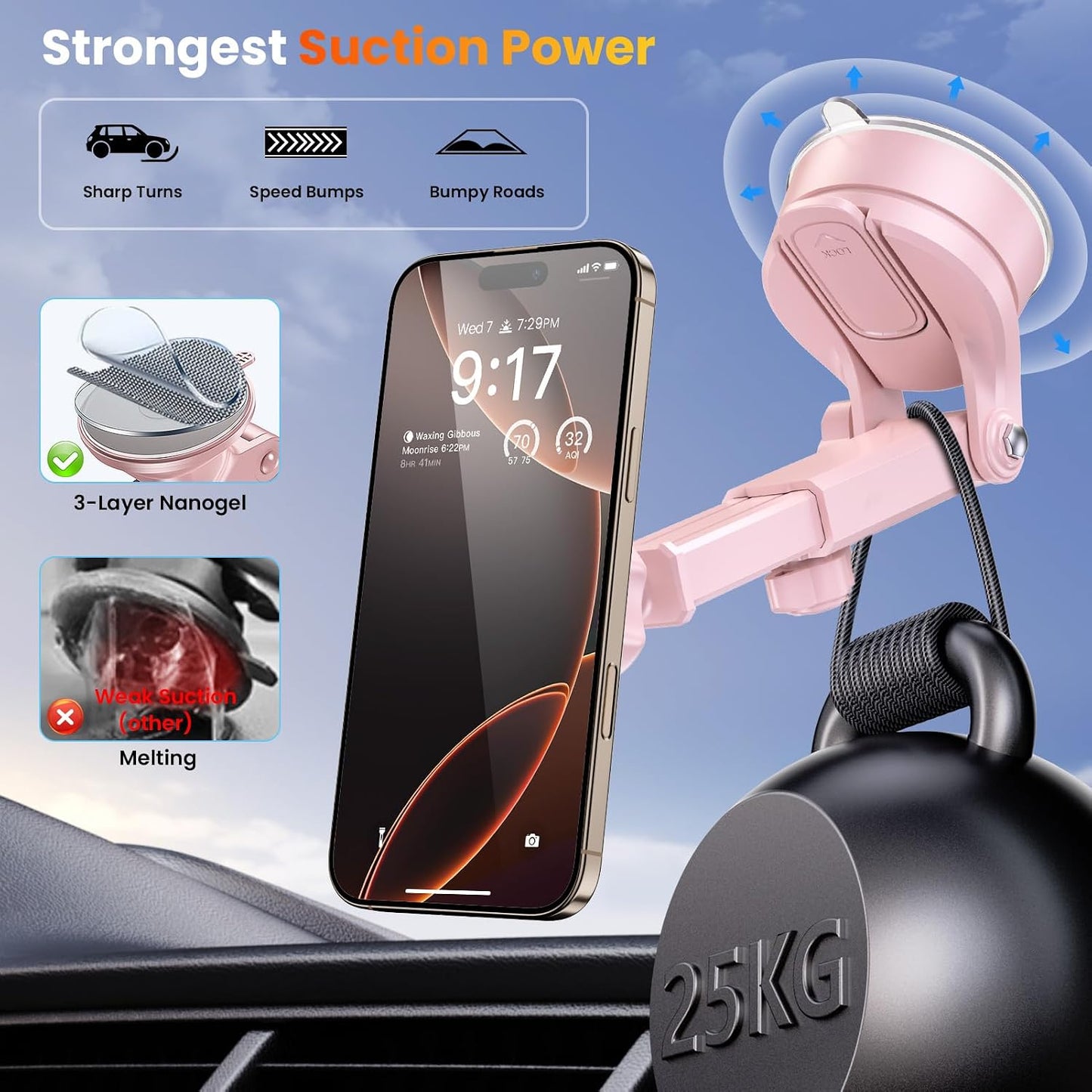 for MagSafe Magnetic Car Phone Holder [2026 Upgraded Strongest Magnet] Car Mount Suction Cell Stand for Dashboard Windshield Vent Compatible with iPhone 16/15/14/13/12/11 Android etc-Pink