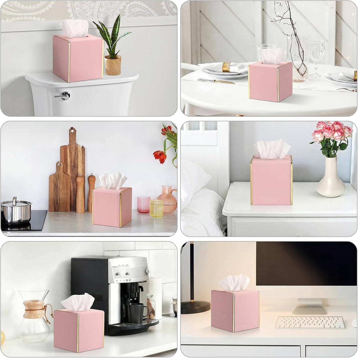 Sumnacon Square Tissue Box Cover, Stylish Cube Tissue Box Holder with Magnetic Bottom, Decorative PU Tissue Box Organizer for Vanity Toilet Tank Dresser Nightstand Table Countertop Office Car, Pink