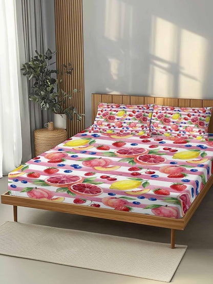 Fitted Sheets Elastic Deep Pocket Bed Sheet Queen Summer Peach Lemon Grapefruit Soft Brushed Microfiber Bed Sheets Set, Blueberry Strawberry Pink Stripe Mattress Cover Up Fitted Sheet Pillowcase