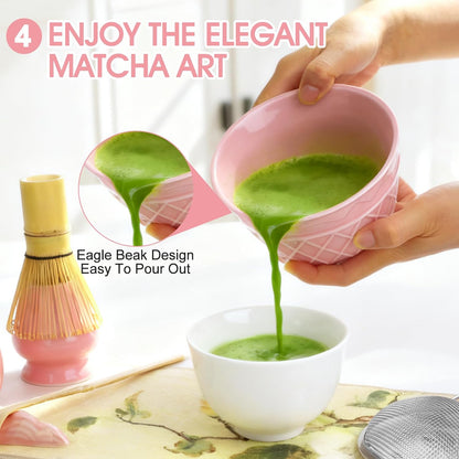 Sakura Pink Matcha Whisk Set-8pcs,Japanese Tea Set Includes Matcha Bowl with Ice Cream Design, Tea Mat and Matcha Canister, 16OZ Matcha Kit for Ceremony