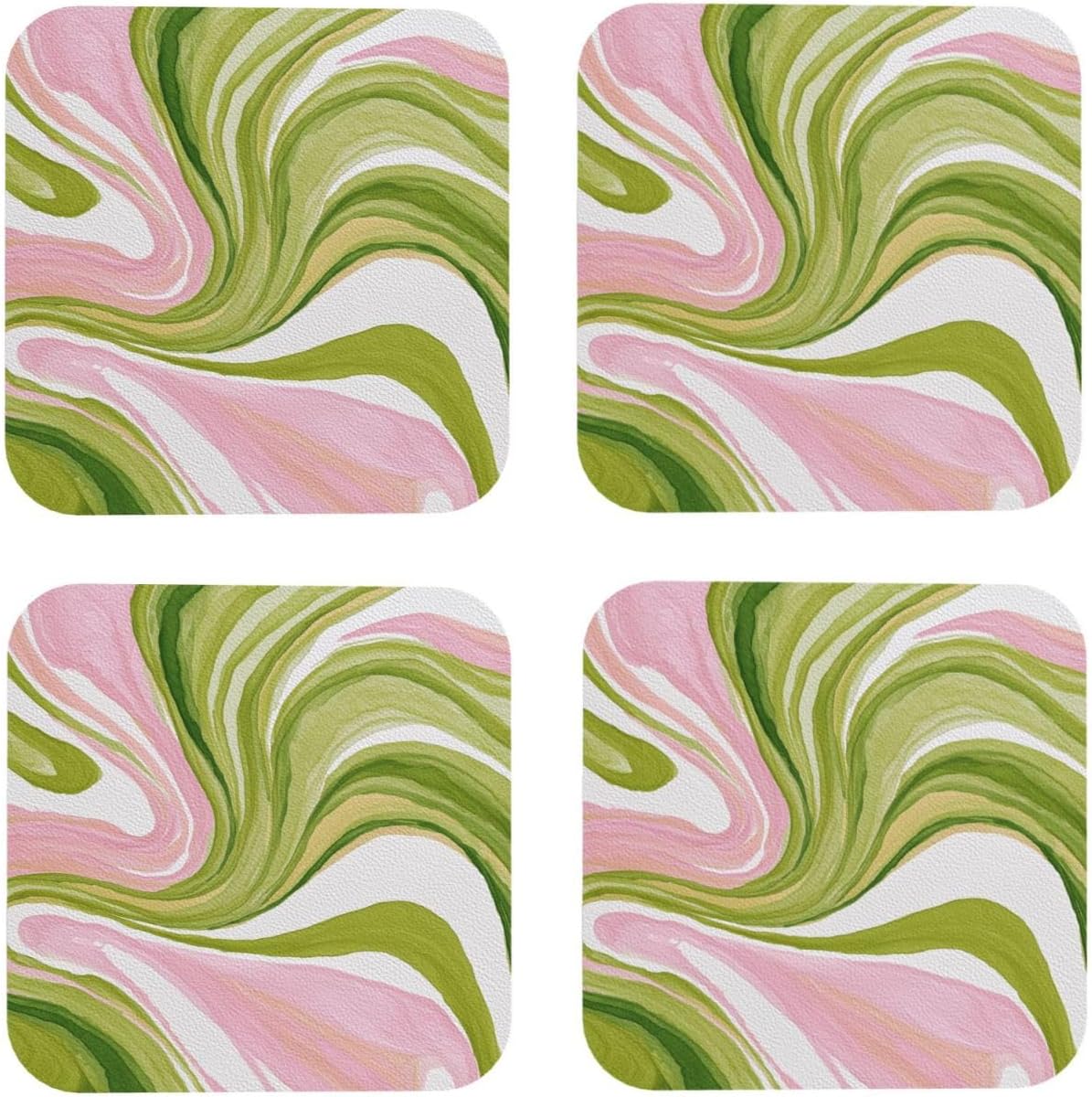 Watercolor Light Pink Green Swirl Marble Drinks Coasters Set of 4 Leather Drink Coasters for Tabletop Protection Heat Resistant Bar Cup Mat Pad