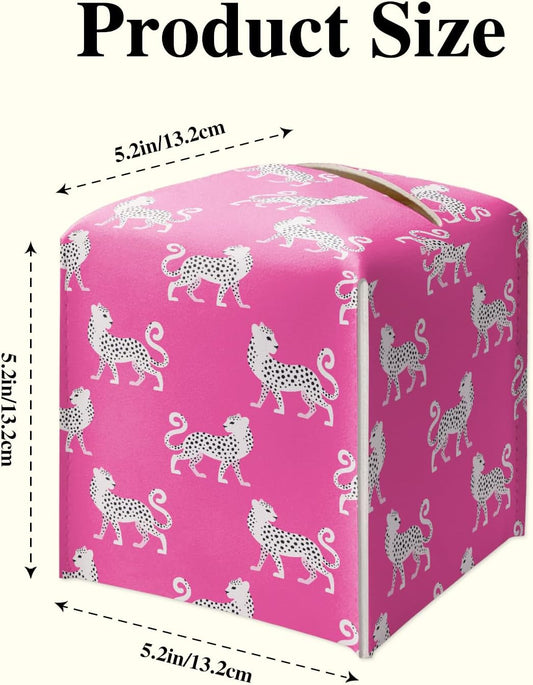 Pink Cheetah Tissue Box Holder, Leather Tissue Box Cover Square, Waterproof Facial Paper Organizer Dispenser for Home Bathroom Bedroom Night Stand Office Countertop -028