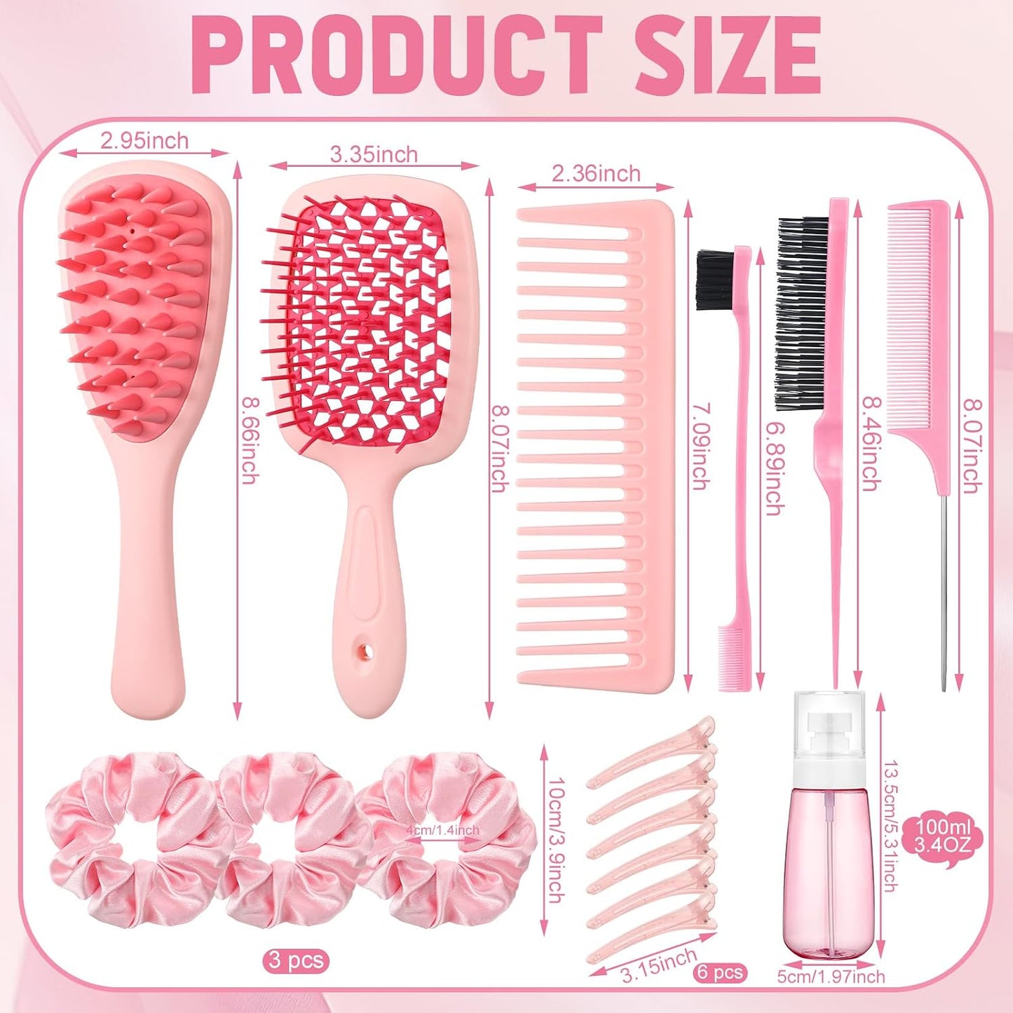 auroray 16 Pcs Pink Hair Brush Set for Women Girls - Scalp Scrubber with Handle, Detangle Hair Brush, Spray Bottle, Edge Bristles Wide Tooth Brushes Rat Tail Comb for Travel Home Use Hair Stuff