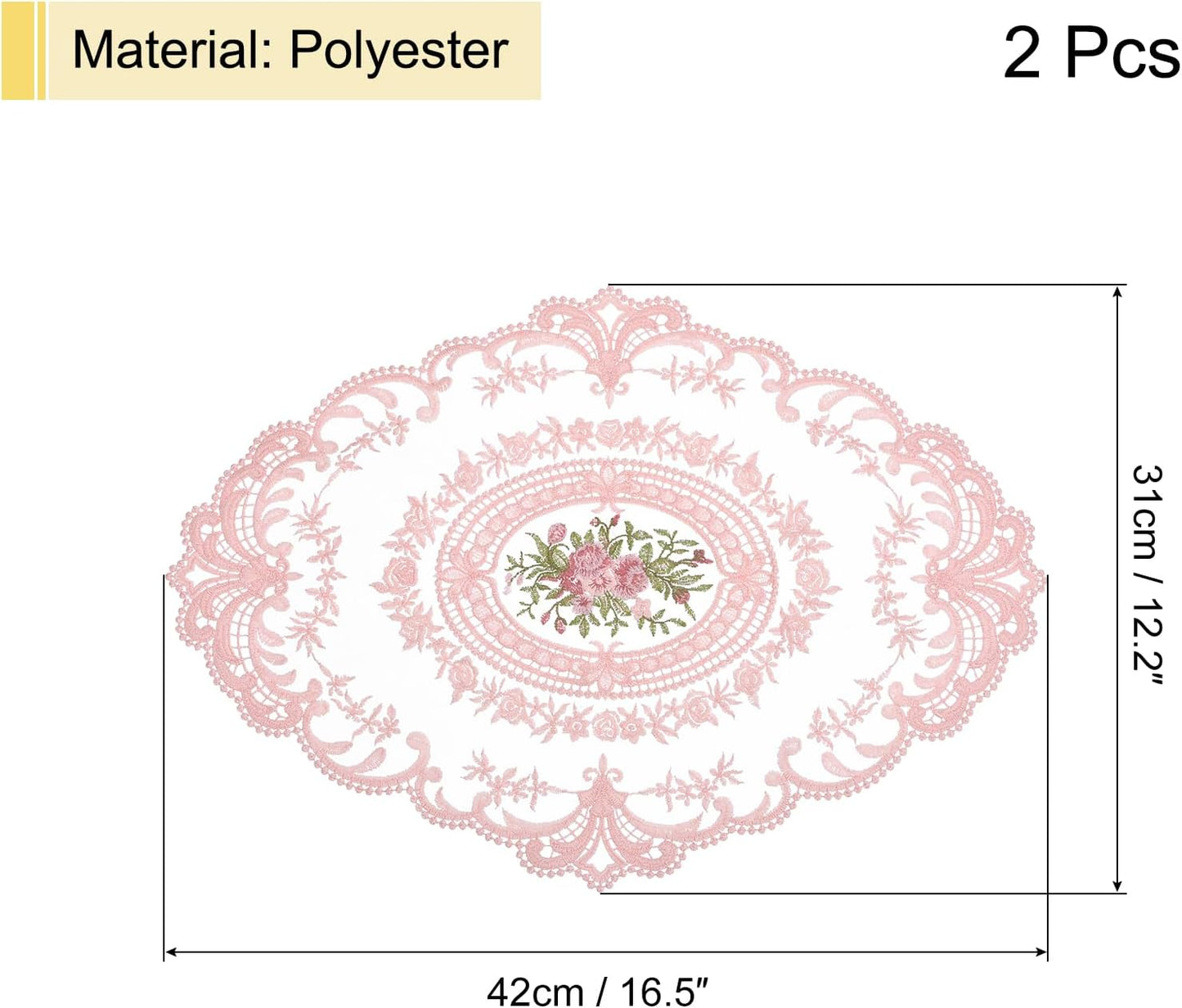 2Pack Retro Lace Placemat 12x16-in Oval Embroidered Table Place Mats French Crochet Doilies Coasters Cup Mat for Home Wedding, Pink