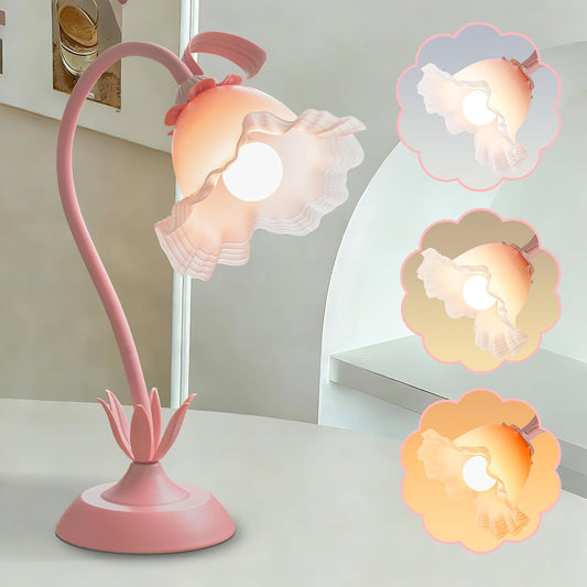 Flower Table Lamp,3 Color Modes LED Desk Lamp,Silicone Flexible Arm Reading Light,Cute Bedside Lamp for Bedroom Living Room Dorm Decor,Perfect Mother's Day Birthday Gift(Pink)