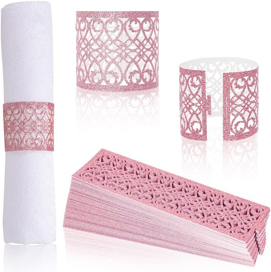 100 Pcs Napkin Rings Sparkling Paper Napkin Holder Disposable Napkin Bands Napkin Holder for Wedding Party Dinner Table Decor（Pink）