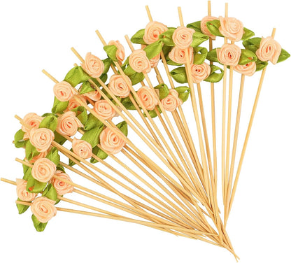 100pcs Pink Rose Flower Cocktail Picks 4.7 Inch, Valentine Decorations Toothpicks for Appetizers Bamboo Fruit Skewers Food Picks for Wedding Valentine Holiday Party Decoration (Pink)