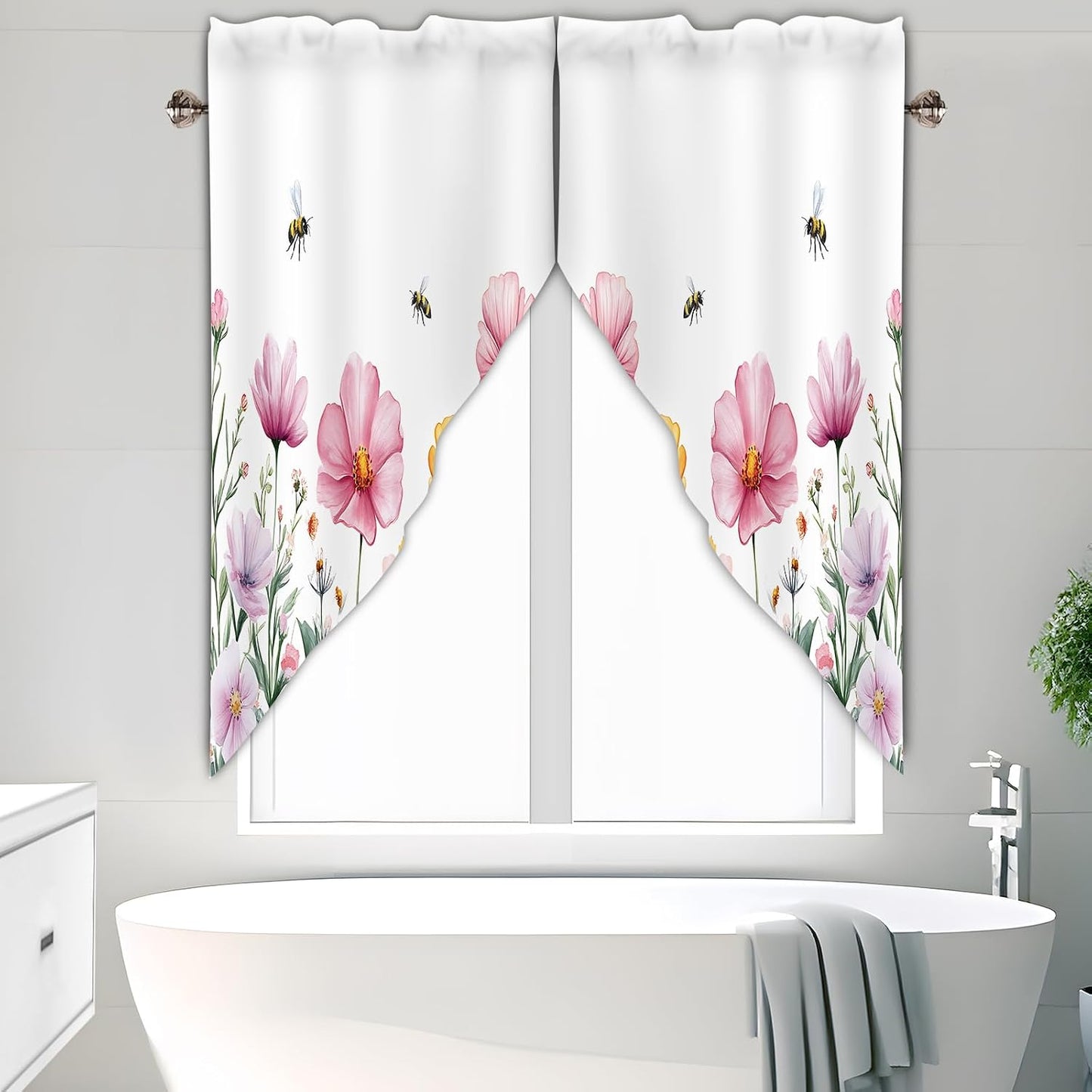 Spring Wildflowers Bees Pink Floral Swag Curtain Valance for Windows,Black Gray Window Treatments Short Swag Topper for Kitchen Windows Bathroom Bedroom,28 x 36 Inch, 1 Pair