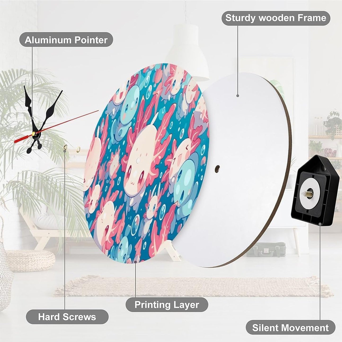 Cute Kawaii Sea Creatures Wall Clock with Pink Coral and Blue Fish Design Battery Operated Round Wooden Clocks Silent Non Ticking for Kids Room Or Nursery Decor 10 Inch