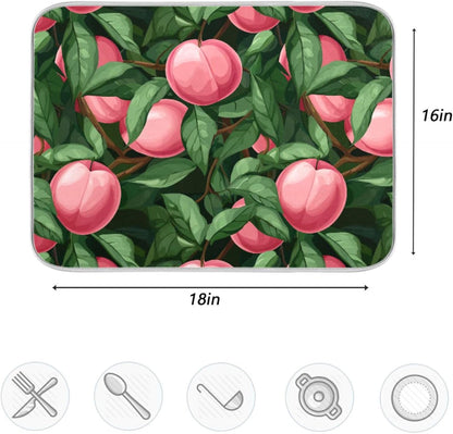 Absorbent Dish Drying Mat,Beautiful Fruit Pink Peach Green Leaves Microfiber Kitchen Countertop Table Protector Multipurpose Counter Rack Sink Drainer Pad(16x18 Inch)
