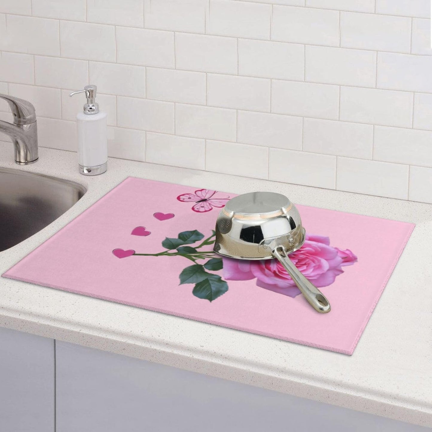 Dish Drying Mat Kitchen Counter Absorbent Light Pink Rose Floral Butterfly Floor Coffee Sink Mat Dish Drainer Pad 18 Inch X 24 Inch