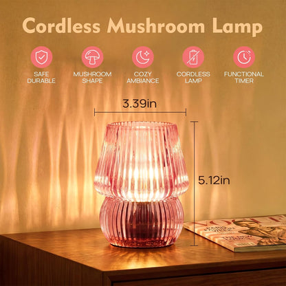 Small Battery Operated Lamp with Timer, Tiny Cordless Glass Table Lamp for Home Decor, Kitchen, Bathroom, Birthday Gift for Women, Mushroom, Pink