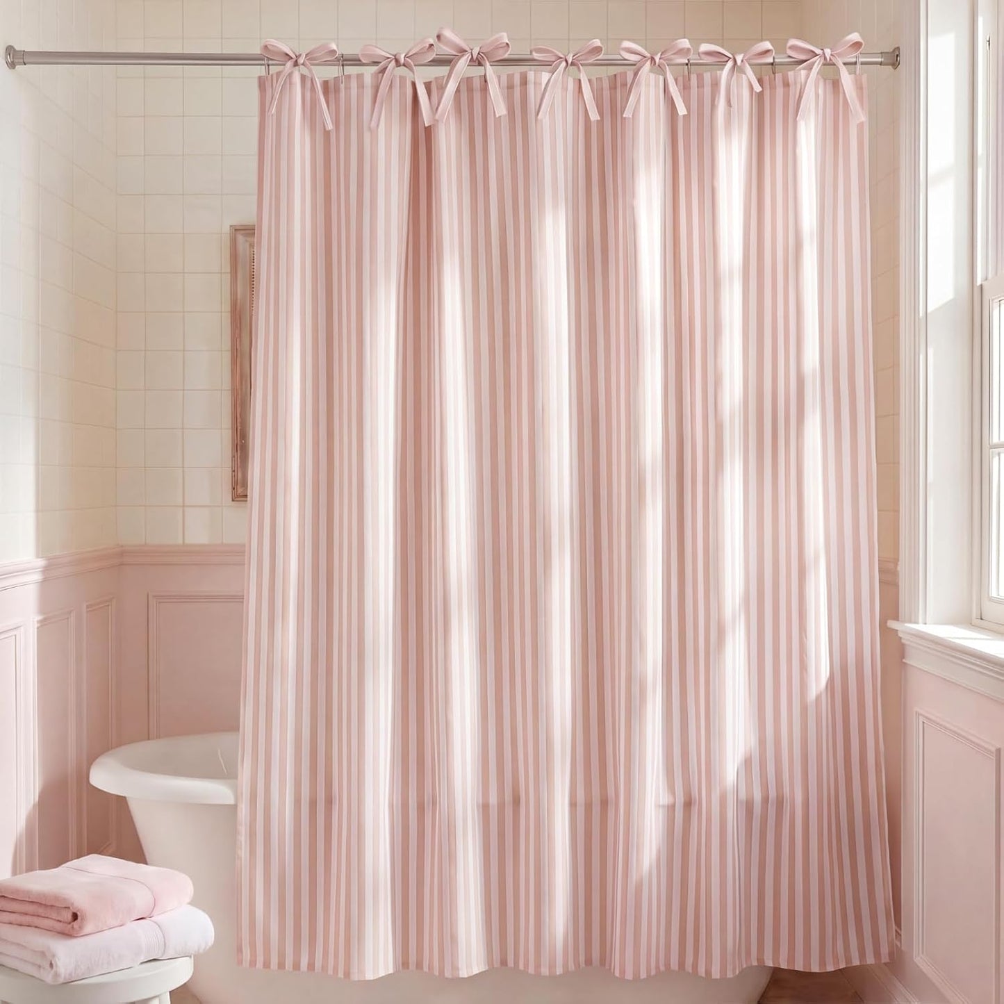 Gilprop Pink Striped Shower Curtain Set for Bathroom Boho Decor Fabric Shower Curtain with Bow Tie and Hooks, 71" x 71"