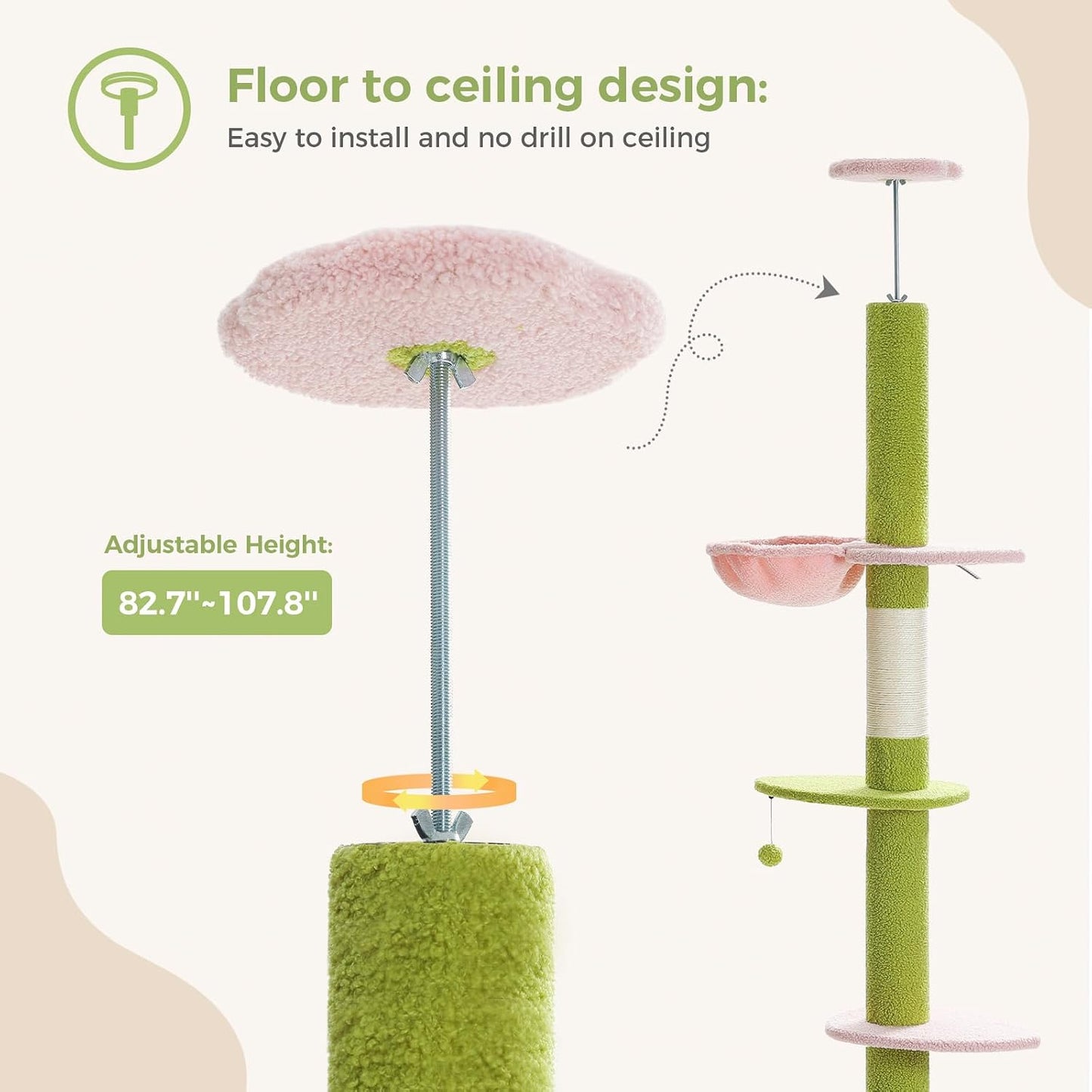 PEQULTI Cat Tree Floor to Ceiling, Green Cat Tower, Adjustable Height (83''-108'') 5 Tiers Tall Climbing Tree for Indoor Cats with Cat Condo, Scratching Post and Ladder, Light Green