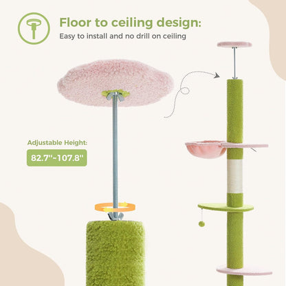 PEQULTI Cat Tree Floor to Ceiling, Green Cat Tower, Adjustable Height (83''-108'') 5 Tiers Tall Climbing Tree for Indoor Cats with Cat Condo, Scratching Post and Ladder, Light Green