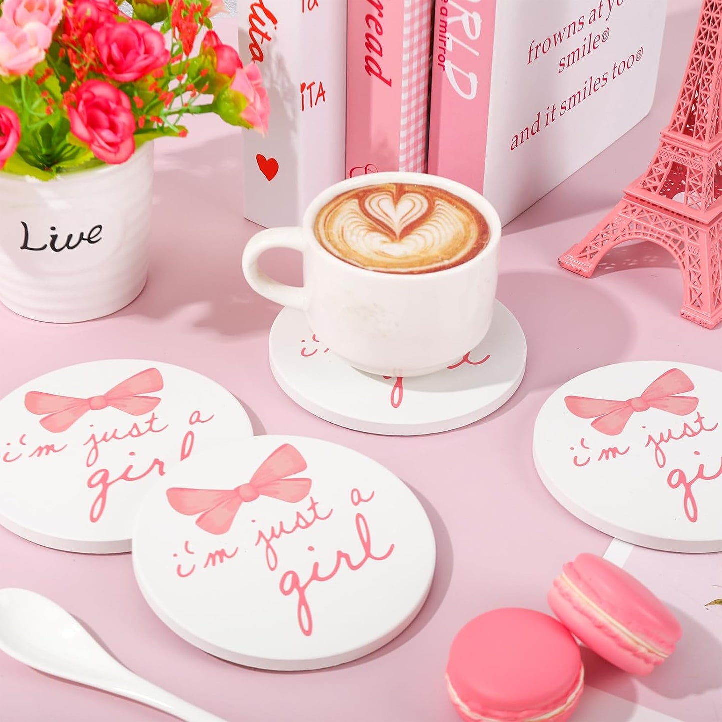 FYSUIMU 4Pcs Pink Bow Coasters Coquette Bow Girly Ceramic Drink Coaster Cute Bowknots Round Mug Coaster Gender Reveal Baby Shower Cup Mat for Kitchen Home Office Party Table Decor