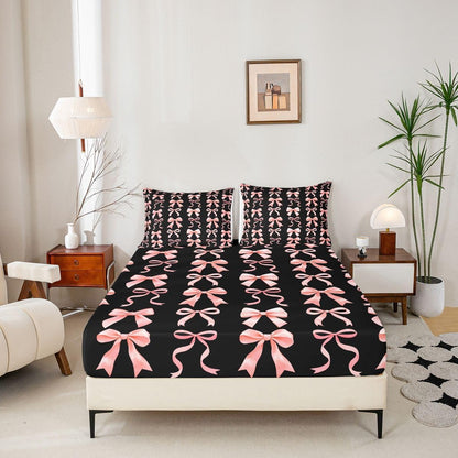 Feelyou Bow Fitted Sheet Queen Size for Kids Boys Girls Cute Kawaii Peach Pink Bowknot Bed Sheets Set 16" Deep Pocket Dreamy Princess Bow-tie Style Bedding with 2 Pillowcases Room Decor