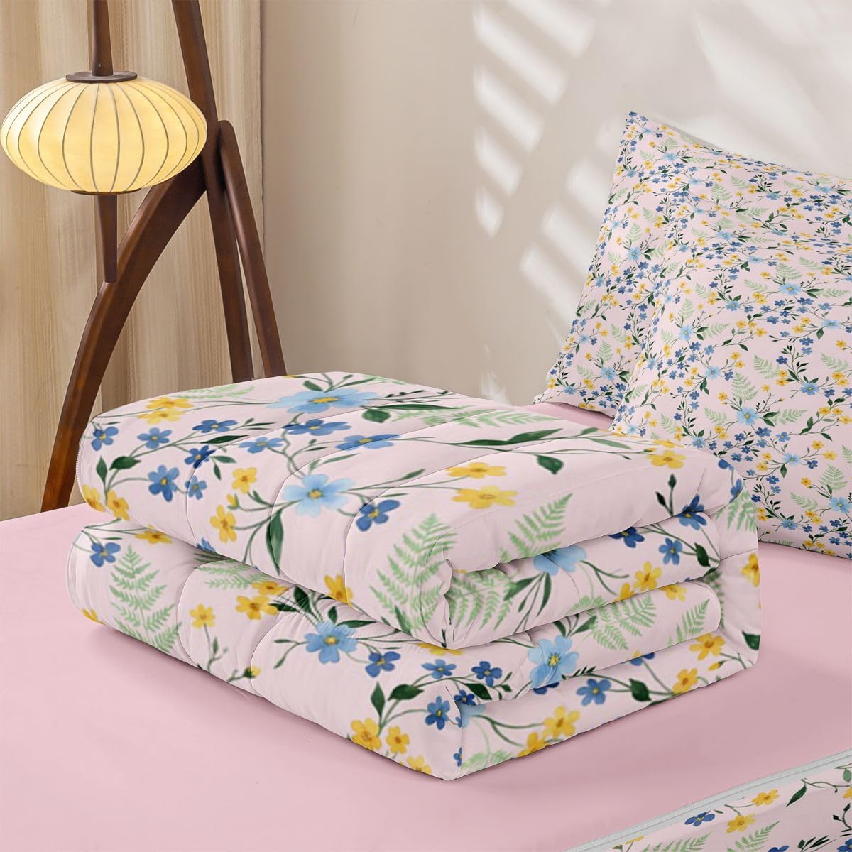 Erosebridal Country Wildflower Zippable Comforter Peach Pink Floral Twin Bedding Bohemia Bed Set with Sheets Botanical Bed in a Bag Bedroom Decor