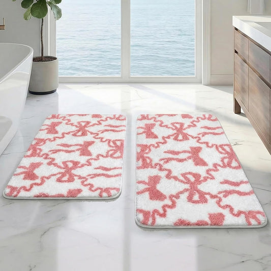 Arttown Cute Pink Bow Bathroom Rug Set 2 Piece White Fluffy Microfiber Non-Slip Water Absorbent Bath Mat Soft Washable Floor Rug for Tub Showers Laundry Room Decor (16"x24"+20"x32")