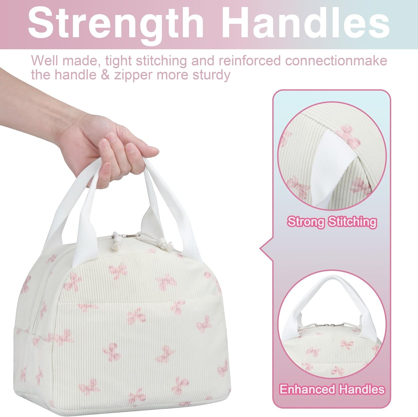 TESAFNG Lunch Bag - Insulated Lunch Box for Women, Reusable Large Capacity Cooler Bag for Adult, Small Leakproof Cute Corduroy Lunch Tote for Work Office Travel Picnic (Pink Bow)