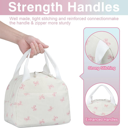 TESAFNG Lunch Bag - Insulated Lunch Box for Women, Reusable Large Capacity Cooler Bag for Adult, Small Leakproof Cute Corduroy Lunch Tote for Work Office Travel Picnic (Pink Bow)