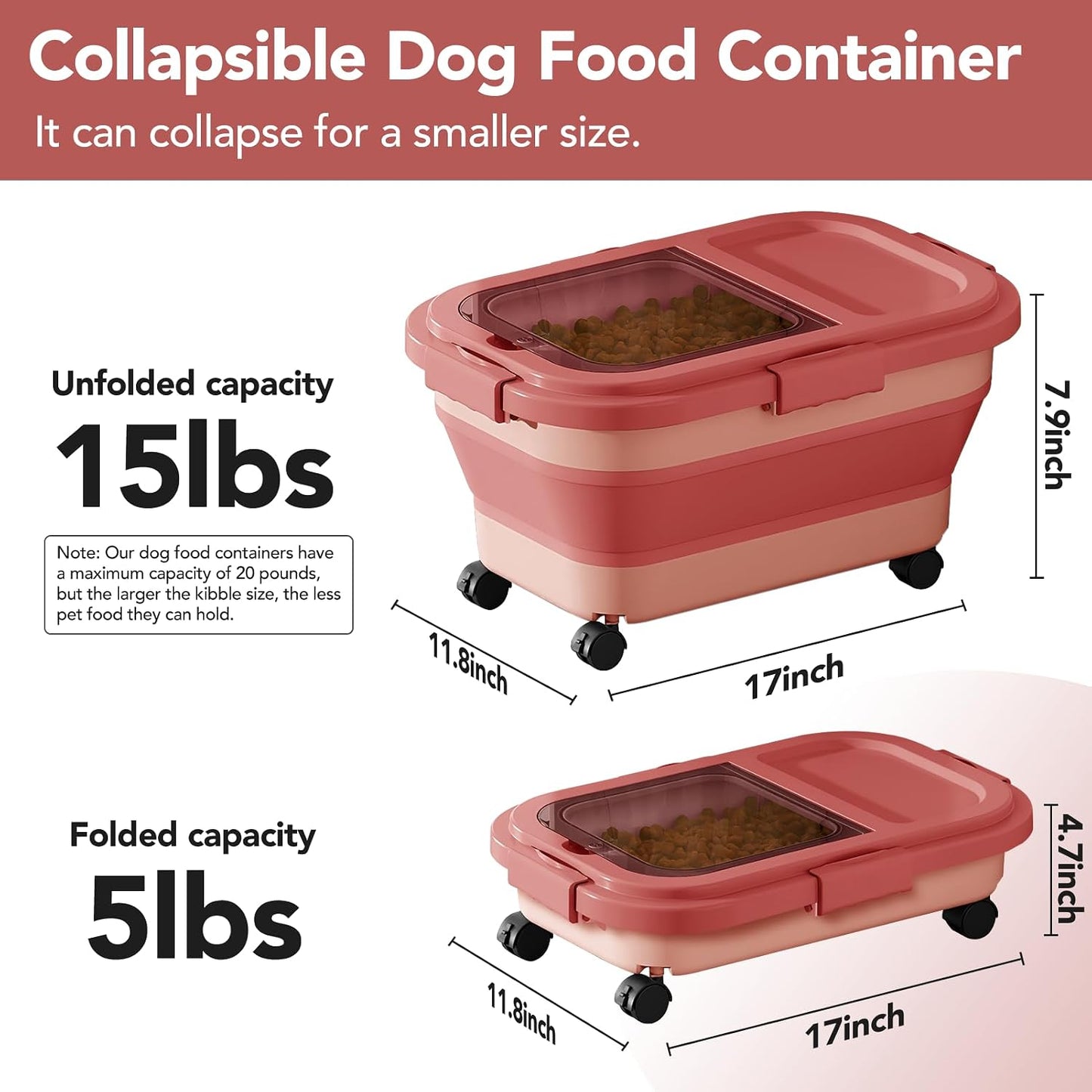 Summark 15 Lbs Dog/Cat Food Storage Container,Collapsible Food Storage Containers with Rolling Wheel Airtight Locking Lid,Pet Food Storage Container with Cup and Scoop,Pink